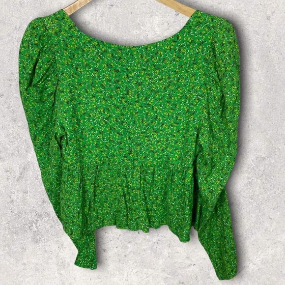 NEW AFRM Green Puff Sleeve Printed Blouse Square Neck Size Large Hough Top‎ Boho - Picture 5 of 13